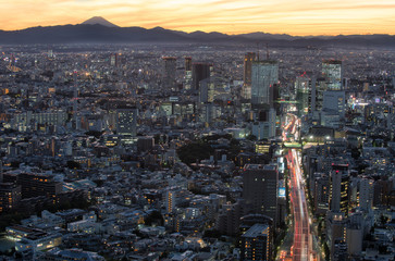 Fototapeta premium Panoramę Tokio i budynki z góry, widok prefektury Tokio z zamontowanym fuji w tle