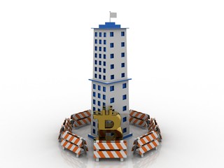 3d rendering bitcoin sign with big building