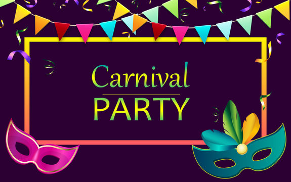 Purple carnival party background with masks and flags.