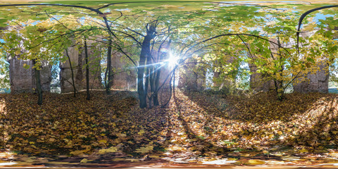 Full seamless spherical cube 360 by 180 degrees angle view panorama inside ancient abandoned destroyed stone tomb in autumn forest in equirectangular projection. Ready for VR AR content
