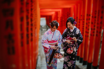 Naklejka premium Dwie japońskie dziewczyny w tradycyjnych strojach kimona, momenty życia