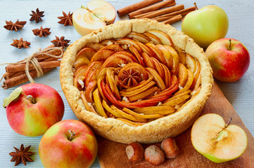 Autumn apple pie on the wooden board decorated with fresh apples, hazelnuts and spices - anise stars and cinnamon on the gray kitchen table. Thanksgiving tart with various ingredients. Side view