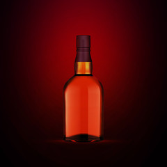 Full whiskey bottle on dark red background. Product packaging brand design. Mock up drink with place for you lable and text. Old and tasty scotch whisky against lit background.