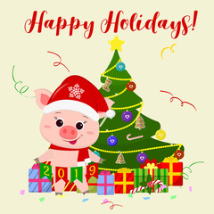 Fototapeta na wymiar Happy New Year and Christmas card. A cute pig wearing a Santa Claus hat and scarf is standing next to a tree and holding flags from 2019. The symbol of the new year in the Chinese calendar. Vector