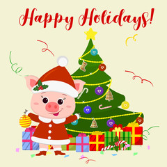 Happy New Year and  Christmas  card. A cute pig in a Santa Claus costume is standing next to a tree and holding a Christmas ball. The symbol of the new year in the Chinese calendar. 2019. Vector