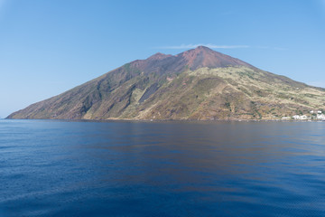 View of the Stromboli volcano over the sea