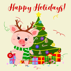 Naklejka premium Happy New Year and Merry Christmas greeting card. A cute pig in a deer costume stands next to a tree and holds a Christmas ball. The symbol of the new year in the Chinese calendar. 2019. Vector