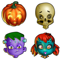 Cute pumpkin, skull, zombie and devil halloween monsters