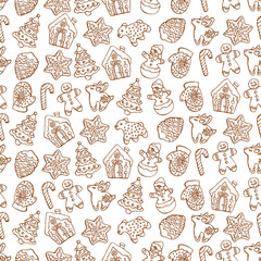 Stoffe zum Nähen Seamless pattern of christmas homemade gingerbread cookies on white background. Christmas tree, snowflake, deer and snowman. Vector background for menu design, cafe decoration, delivery box.