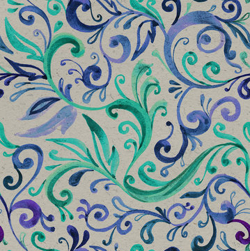 Blue Green Flowers Ornament. Hand Drawn Seamless Pattern. Wallpaper.