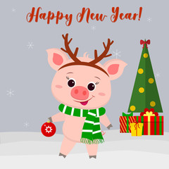 Happy New Year and Christmas greeting card. Cute pig in a deer costume holding a Christmas ball. Christmas tree, gifts and snowflakes. The symbol of the new year in the Chinese calendar. 2019. Vector