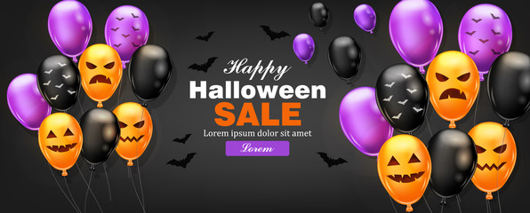 Happy Halloween card with colorful balloons Vector. Dark color backgrounds