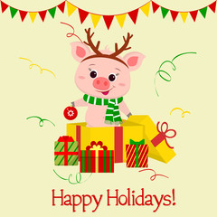 Happy New Year and Merry Christmas greeting card. A cute pig in a deer costume stands in a box and holds a Christmas ball. The symbol of the new year in the Chinese calendar. 2019. Vector