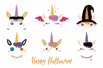  Halloween set with cute unicorn faces, witch, vampire, zombie, Frankenstein, devil. Isolated objects. Hand drawn vector illustration. Flat style design. Concept for children print, party invitation © Maria Skrigan