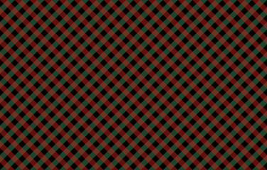 Diagonal Gingham-like pattern with red and green checks. Seamless design of symmetrical overlapping stripes in a two colors against a contrasting black background, wrapping paper or wallpaper ideas.