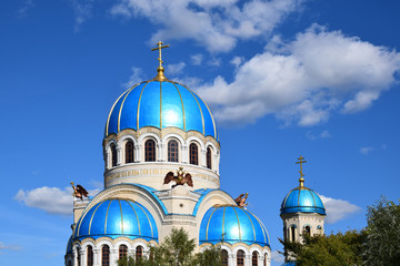 The Church of the Life-Giving Trinity in honor of the Millennium of the Baptism of Rus in Orekhov-Borisov. It was built in 2004. The project of architect Anatoly Polyansky. Russia, Moscow, September 2