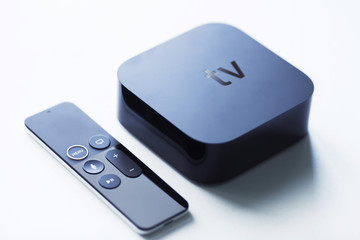 Remote control devices concept. Set of controller and micro console for TV watching and online...