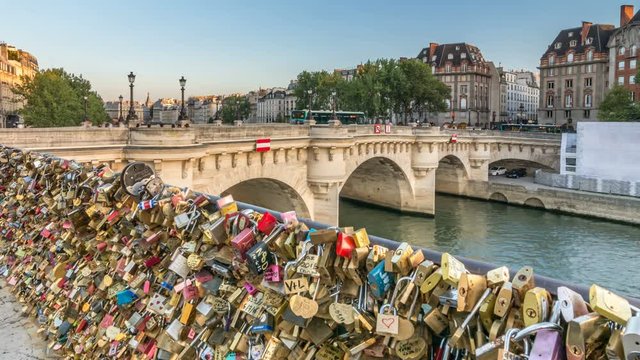 Love locks near the Pont Neuf, Seine river, Paris, France