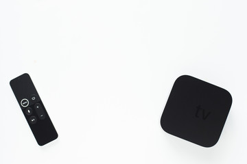 Remote control devices concept. Set of controller and micro console for TV watching and online...