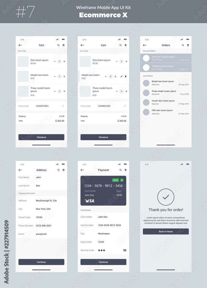 Wall mural wireframe kit for mobile phone. mobile app ui, ux design. new ecommerce interface: cart, order, addr