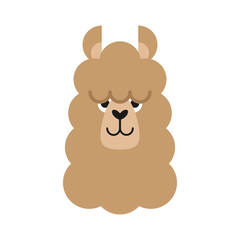 Cute simple llama head vector illustration. Brown llama, alpaca head with face, ears, nose and eyes, fluffy llama animal, isolated.