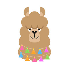 Cute simple llama head vector illustration. Brown llama, alpaca head, face with ears, eyes and nose. Fluffy llama animal with colorful fringed tassels on string around neck, isolated.