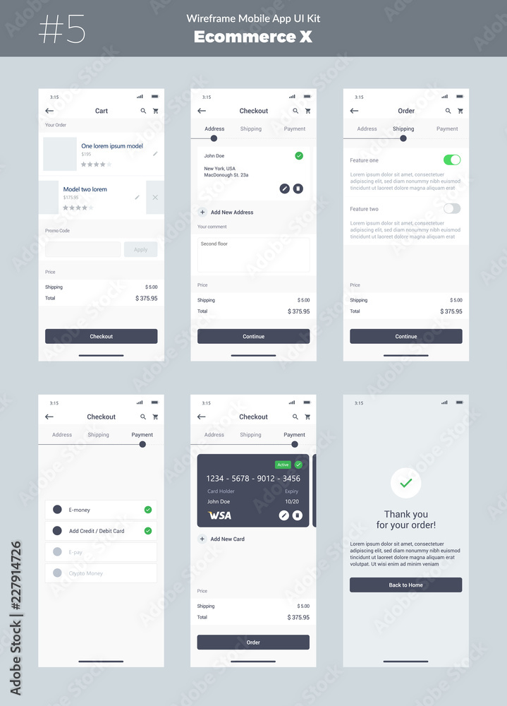 Wall mural wireframe kit for mobile phone. mobile app ui, ux design. new ecommerce screens: cart, checkout, ord
