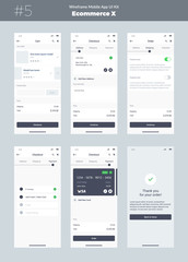 Wireframe kit for mobile phone. Mobile App UI, UX design. New ecommerce screens: cart, checkout, order, address, shipping, payment product and thank you screens.