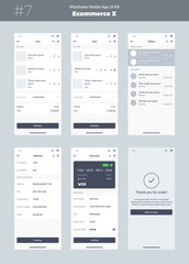 Wireframe kit for mobile phone. Mobile app UI, UX design. New ecommerce interface: cart, order, address, payment and success screens. Different GUI template for application development.