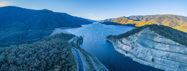 Wide aerial panorama of Talbingo Reservoir lake and dam
