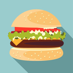 Hamburger Classic Burger American Cheeseburger with Lettuce Tomato Onion Cheese Beef and Sauce flat design icon vector eps 10