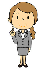 女性　OL　事務員　ご案内　人差し指をさす　立ち姿　グレーのスーツ