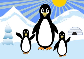 Penguins family on a walk in the snowy polar countryside, penquins mutter with two children. Cute bird cartoon. Vector illustration