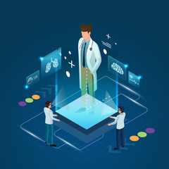 The professional doctor and hologram meeting online diagnosis treatment concept.