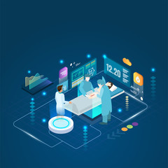 The professional doctor and patient do a hologram surgery operation treatment and an online concept.
