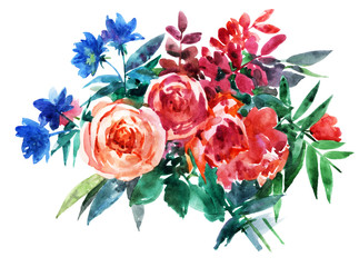 Flowers on white background. Bouquet of watercolor flowers. Silhouette of flowers. Beautiful watercolor flowers.