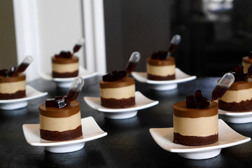 Dessert in glass with Strawberry on over dark background. snacks and appetizers,wedding celebration, selective focus