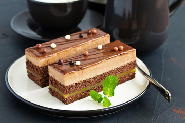 A piece of delicious chocolate cake.