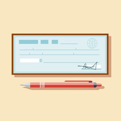 Cheque vector illustration. Cheque icon in flat style. Cheque book on colored background. Bank check with pen. Concept illustration pay, payment, buy.