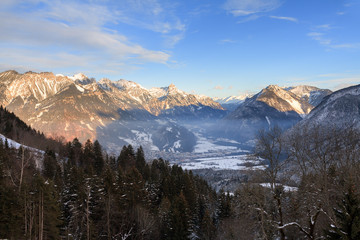 Beautiful winter view of Brand in Vorarlberg in the Brandnertal, Austria, on a clear blue winter morning