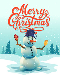 Christmas greeting card. Merry Christmas handdrawn Lettering and Snowman on blue winter background. Retro style illustration