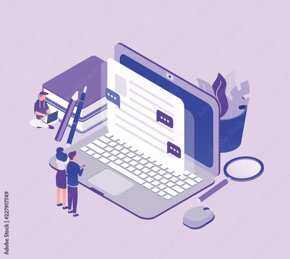 Poster Tiny people standing in front of giant laptop computer and looking at text on screen. Concept of copywriting, digital marketing, content management and SEO. Modern isometric vector illustration.