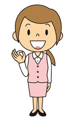 女性　OL　事務員　OKポーズ　立ち姿　ピンクの制服