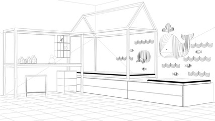 Fototapeta premium Interior design project, black and white ink sketch, architecture blueprint showing children bedroom with single bed and desk, minimalist architecture interior design