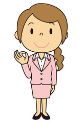 女性　OL　事務員　OKポーズ　立ち姿　ピンクのスーツ