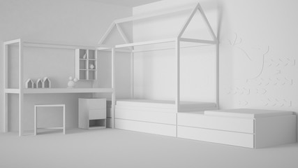 Total white project of children bedroom with single bed and desk, minimalist architecture interior design