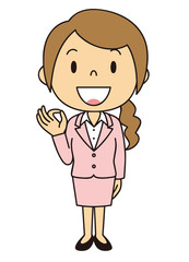 女性　OL　事務員　OKポーズ　立ち姿　白のスーツ