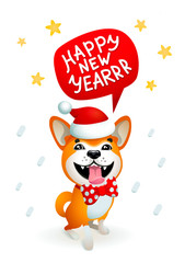 Cute dog with Happy new year inscription. Smiling yellow dog with santa claus red hat on a white background. Akita inu. Winter Season Greetings concept. illustration.