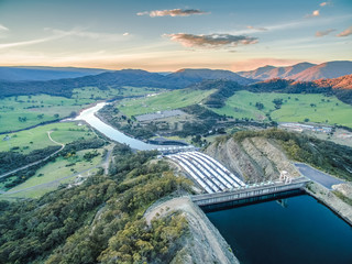 Huge pipes of Tumut hydroelectric power station at sunset