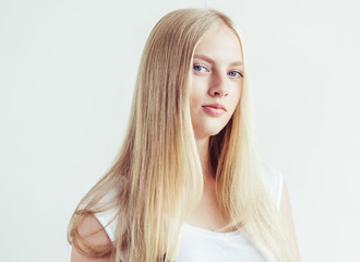 Fototapeta premium Natural makeup healthy skin and hair blonde woman beauty face portrait